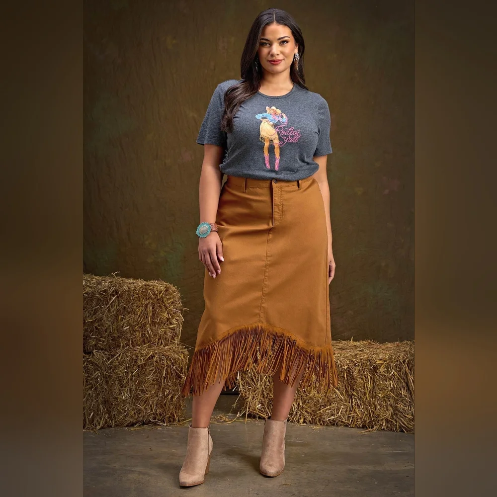 Fringe Hem Denim Midi Skirt Plus Size Tan Western Coastal Cowgirl NWT - Picture 9 of 11